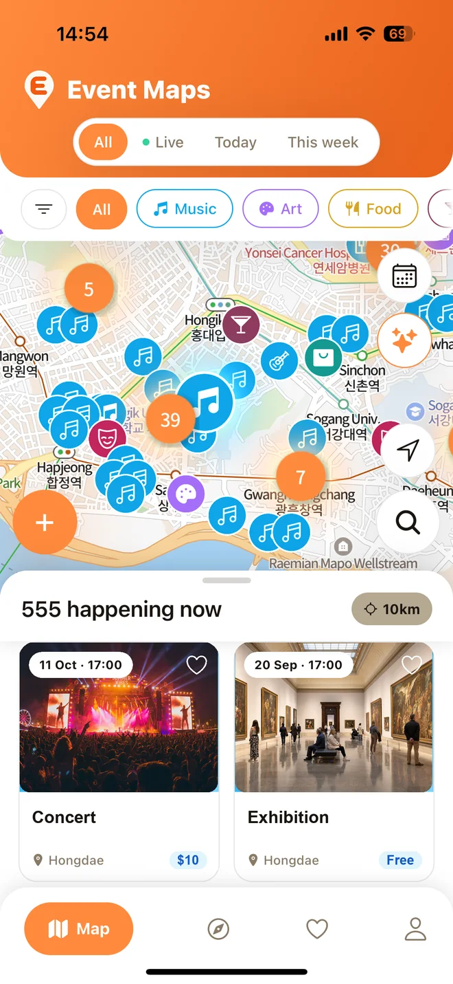 Die Event-Maps-App rund um Hongdae: Events auf der Karte und die Liste mit allem, was in der Nähe los ist